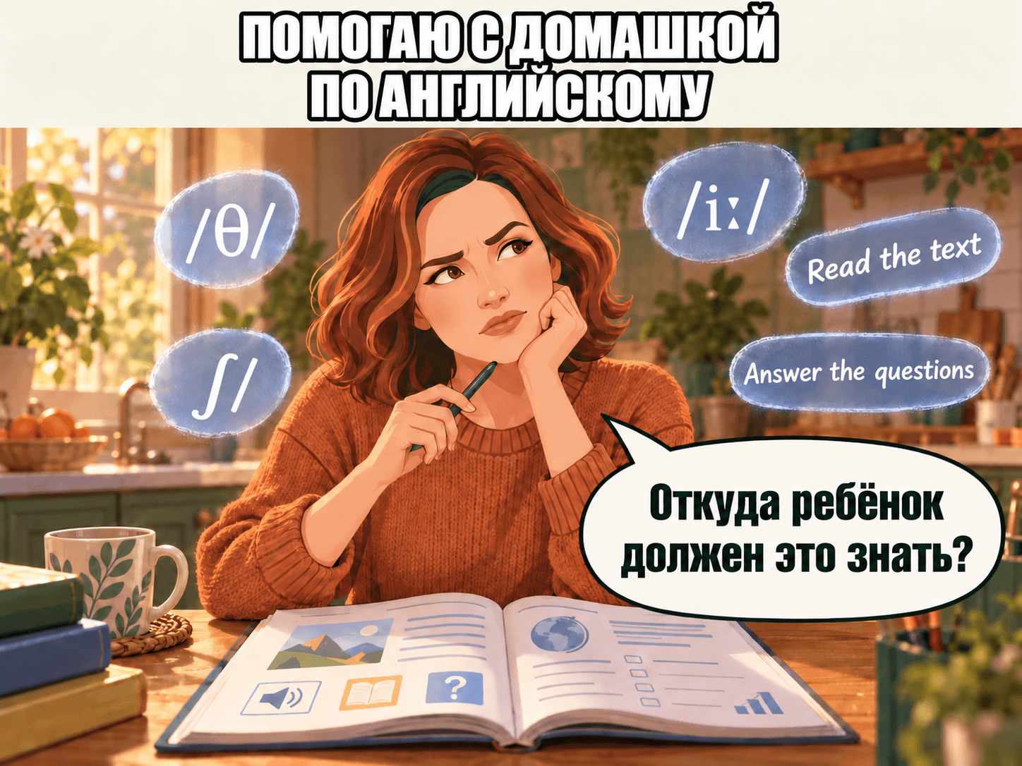 Мама помогает с домашкой по английскому и не понимает, откуда ребёнок должен знать транскрипцию и задания на английском