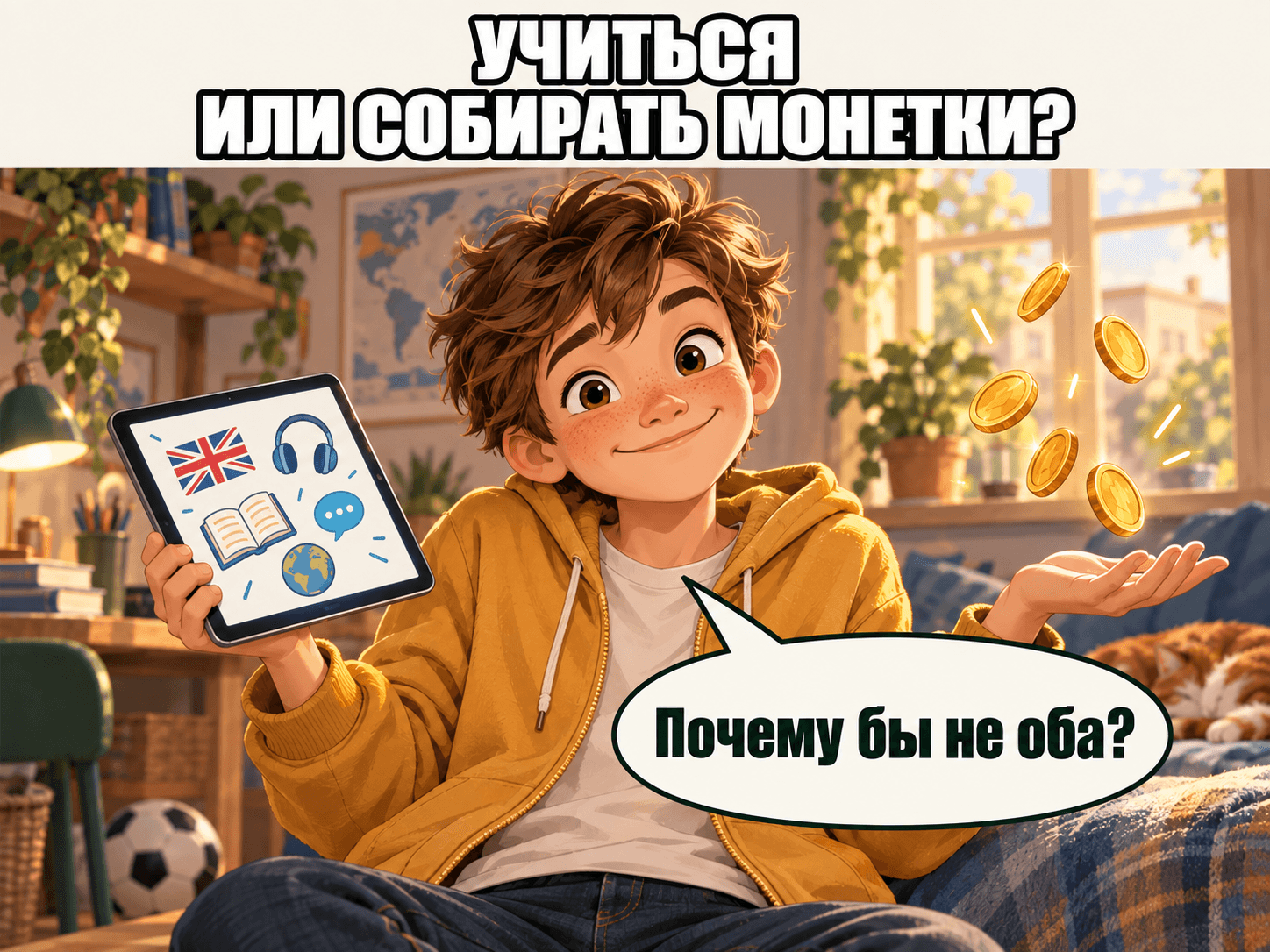 Школьник с планшетом: учиться английскому или собирать монетки? Почему бы не оба