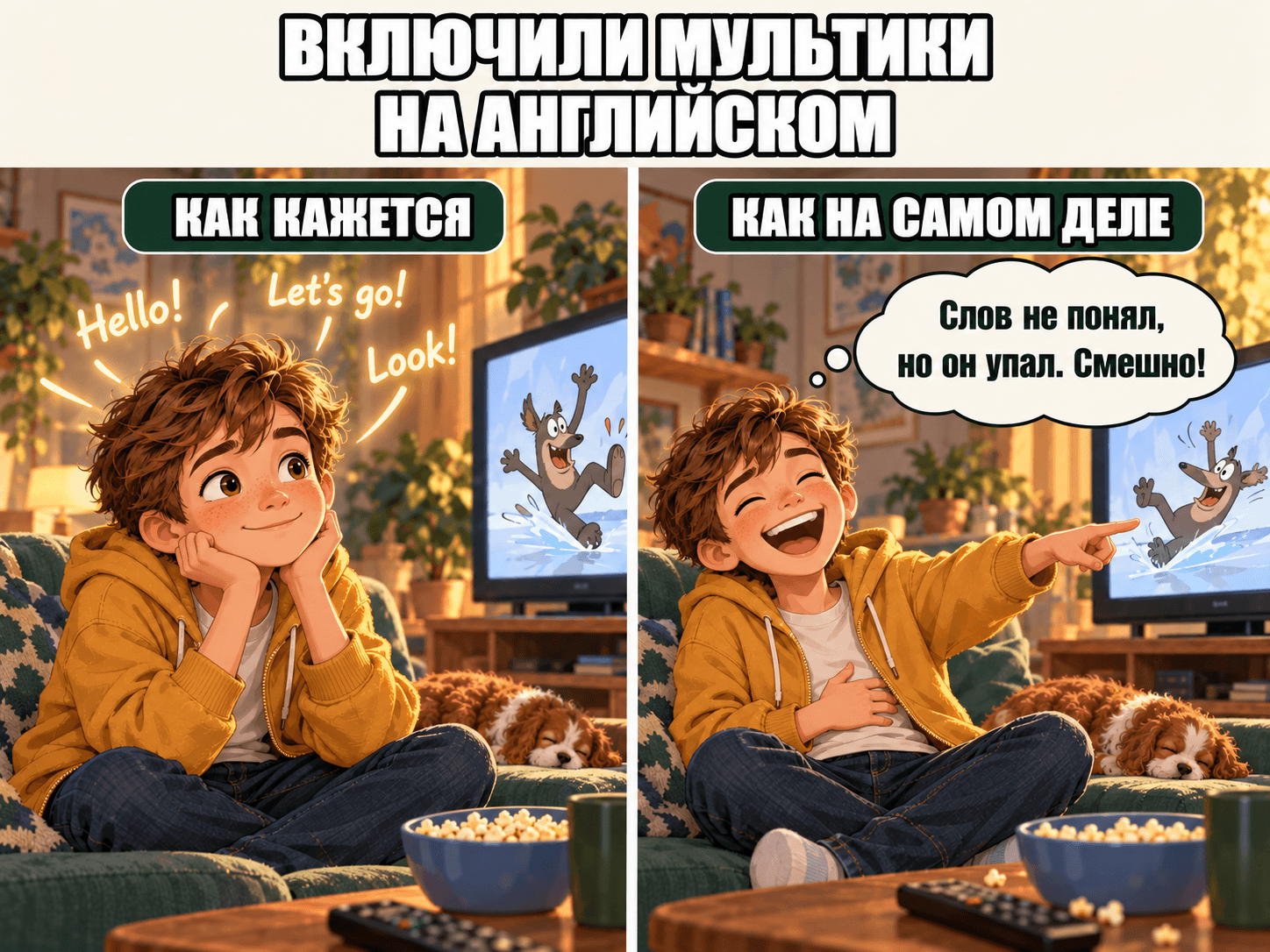 Мультики на английском: родителю кажется, что ребёнок впитывает фразы, а он смеётся над картинкой и слов не понимает