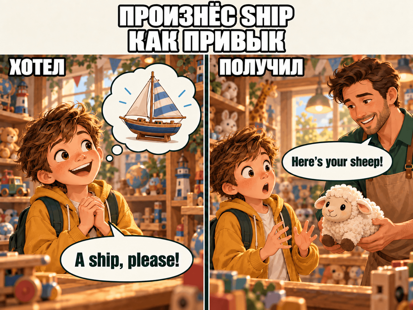 Мальчик просил игрушечный кораблик, a ship, но произнёс слово по-русски, и продавец протянул ему овечку, sheep