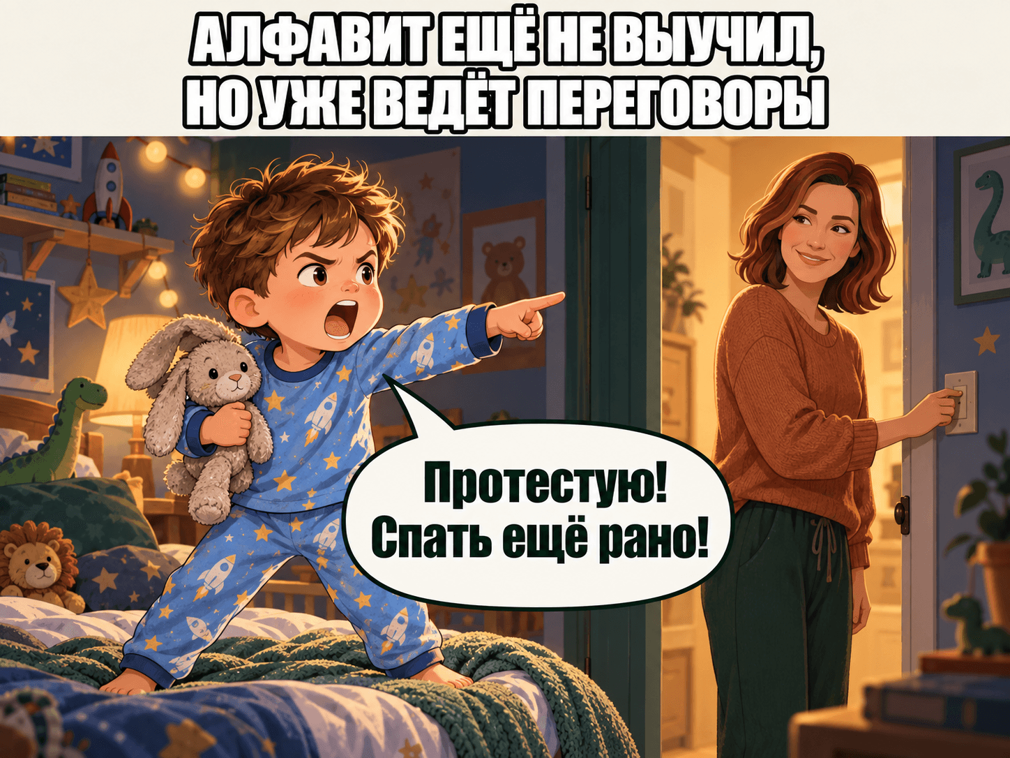 Малыш в пижаме ещё не знает алфавита, но уверенно спорит с мамой, что спать ещё рано
