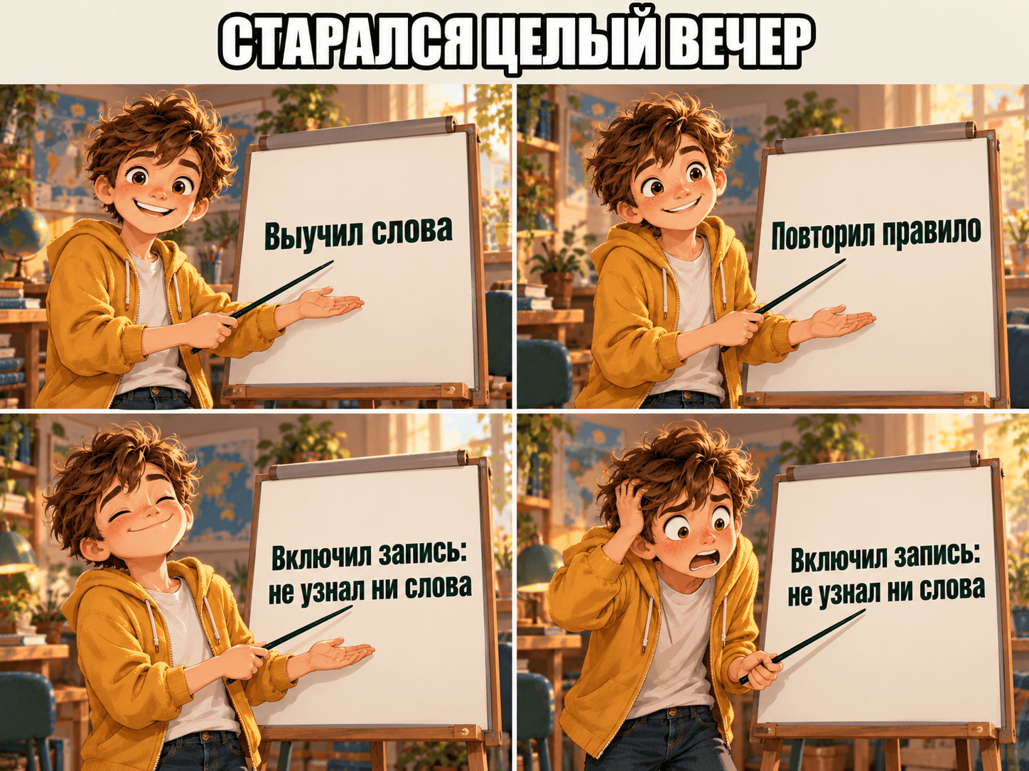 Школьник целый вечер учил слова и повторял правило, а потом включил запись и не узнал ни слова