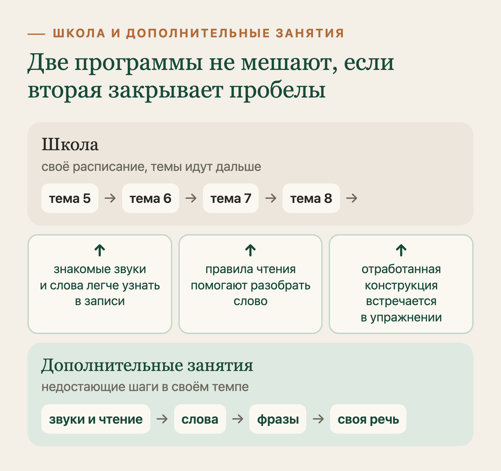 Школьная программа идёт дальше, а дополнительные занятия закрывают пробелы: звуки и чтение, слова, фразы, своя речь